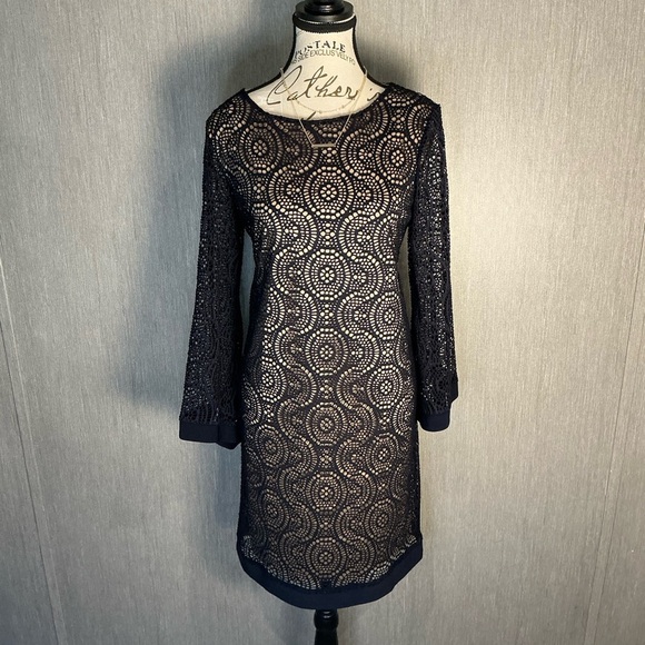 Emma & Michele Navy Lace Long Sleeve Dress Size Medium - Picture 1 of 12